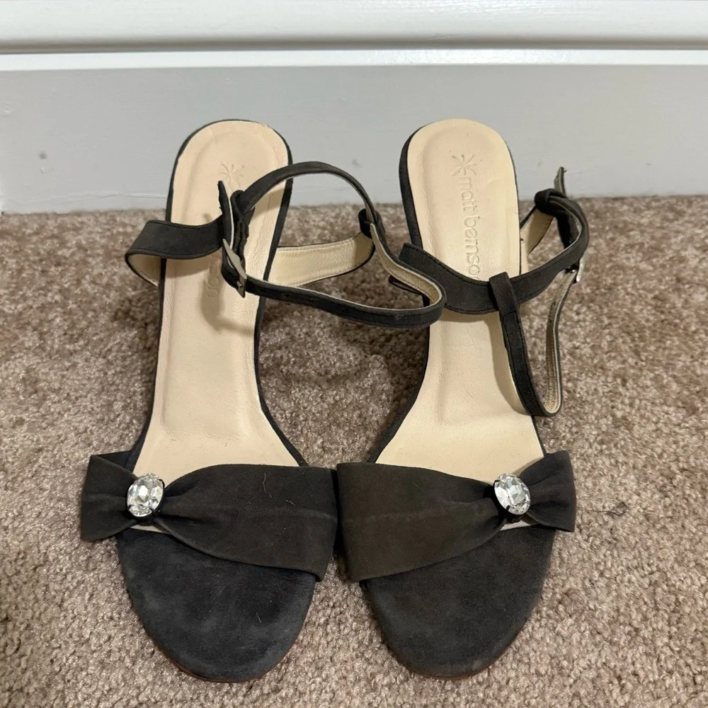 Matt Bernson Black Suede Crystal Bow Wedge Sandals | Size 37 | 3.5” Heel